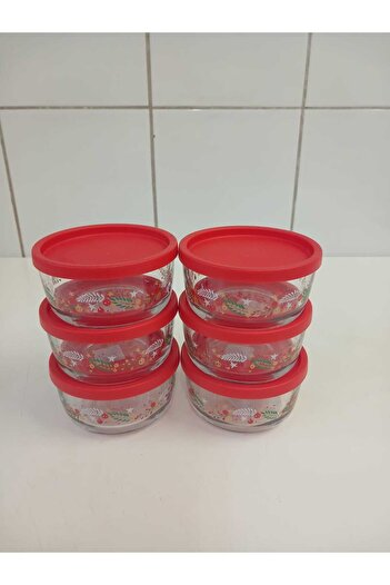 LAV Feyzade Round Flower Patterned Red Lid 6 Pieces 380Cc Storage Container
