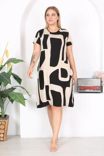 Mooi XXL Asymmetric Patterned Black Beige Midi Women's Dress