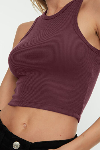 Trendyol Collection Burgundy*001 Fitted/Fitted Crop Halter Neck Ribbed Stretchy Knitted Undershirt Twoss21Al0050