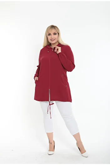 By Alba Collection Women's Imported Ayrobin Fabric Large Size Hooded Cardigan Claret Red