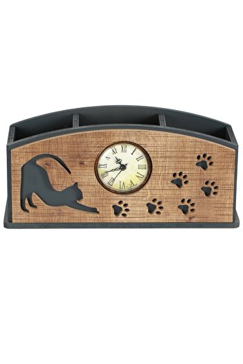HobiMax Wooden Decorative Cat Figure Clock Pen Holder
