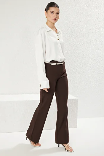 Trendyol Collection Dark Brown Low Waist Lightweight Flare Woven Trousers Twoss25Pl00078