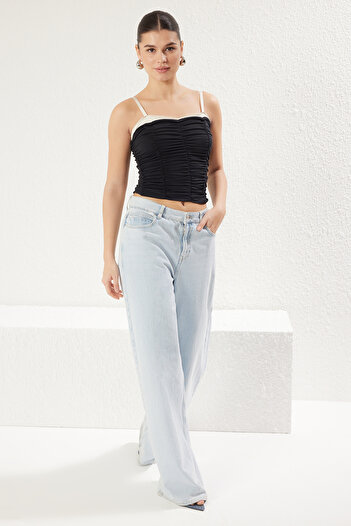 Trendyol Collection Black Lace Detail Drawstring/Draped Color-Block Fitted/Body-Fitting Knitted Blouse Twoss25Bz00028