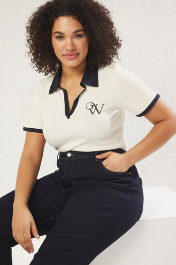 Trendyol Curve Plus Size Ecru Polo Neck Embroidery Blouse - Contrast Color Detail Tbbss25Af00059
