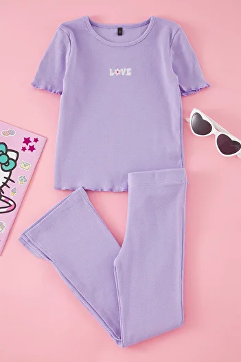 TRENDYOLKIDS Lila lány pamut hímzéses póló és leggings szett - TKDSS25AU00020