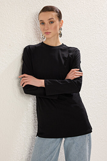 Trendyol Modest Black Beige Long Sleeve Slit Detailed Knitted T-Shirt Tctss25Rt00000