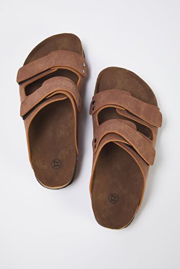 TRENDYOL SHOES Καφέ Γυναικείες Παντόφλες Διπλό Velcro Flat TAKSS25TE00002