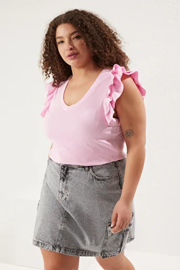 Trendyol Curve Pink Rib/Camisole Knitted Plus Size Blouse Tbbss25Af00048