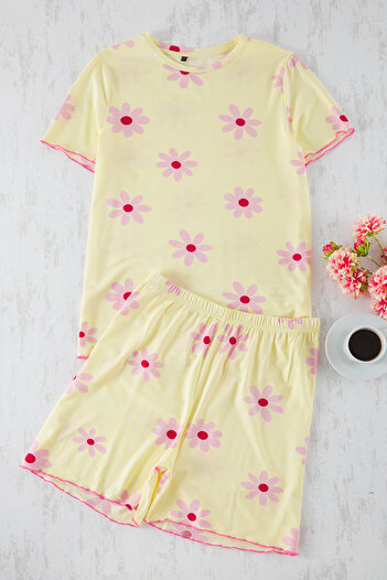 Trendyol Curve Yellow Stripe and Floral Print Knitted Pajamas Set Tbbss25Ai00030