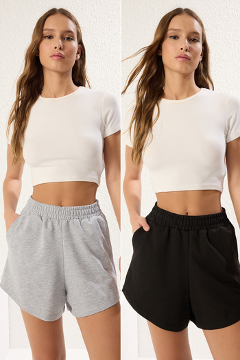 Trendyol Collection Šedá melanž-černé 2-balení krátké pletené šortky a Bermudy Twoss25Sr00084