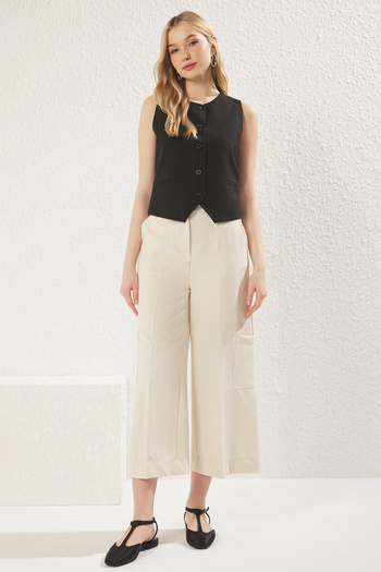 Trendyol Collection Ecru High Waist Wide Leg/Wide Leg Woven Pants with Side Pocket Detail Twoss25Pl00069
