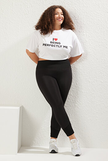 Trendyol Curve Black High Waist Leg and Rib Detail Knitted Large Size Leggings Tbbss25Bv00000