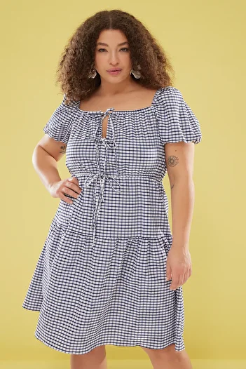 Trendyol Curve Plus Size Multicolor Plaid Mini Dress - Short Balloon Sleeves Tbbss25Ah00071