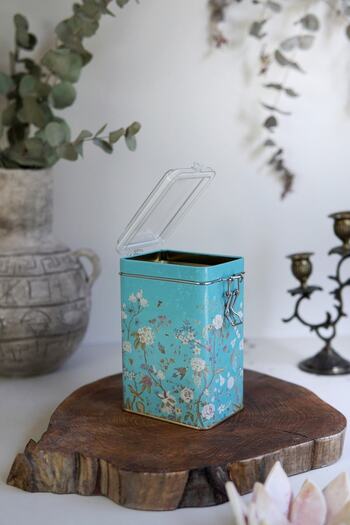 EVLE Er043-9f Botanica Blue Patterned Rectangular Metal Storage Container 8x10 Cm