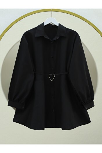 Modamorfo Buttoned Poplin Tunic with Piece Fabric -Black