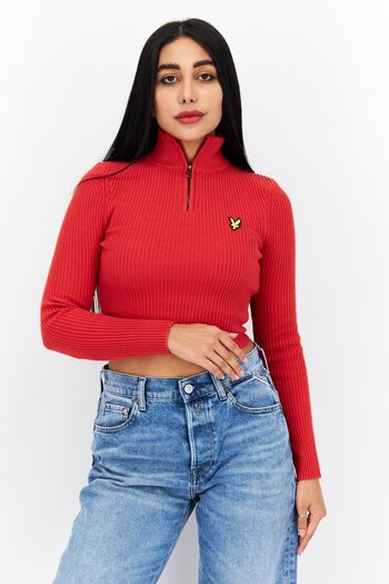 Lyle & Scott Women High Neck Long Sleeve Embroidered Logo Cropped Sweater, Red