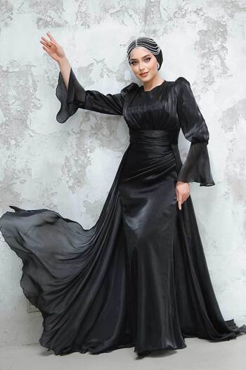 Neva Style Black Hijab Evening Dress with Tail 4986S