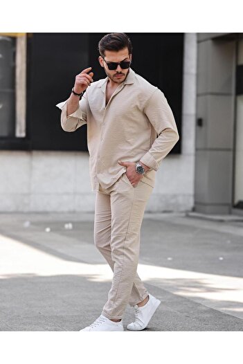 Black Sokak Men's Beige Summer Long Sleeve Shirt Suit