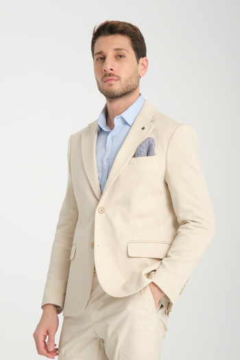 Frappoli Brando Men's Beige Self Pattern Slim Fit Cotton Lycra Stretching Fabric Blazer Jacket