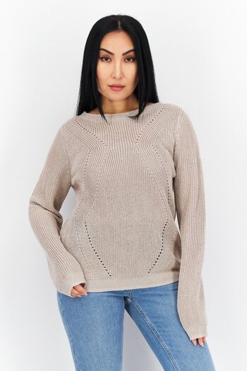 comma Women Round Neck Long Sleeve Knitted Sweater, Dusty Pink