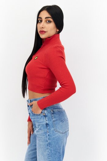 Lyle & Scott Women High Neck Long Sleeve Embroidered Logo Cropped Sweater, Red