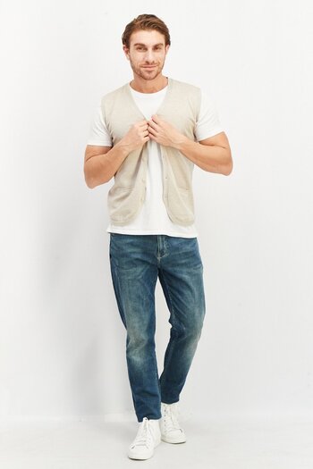 Sorbino Men V Neck Sleeveless Plain Sweater Vest, Beige