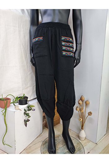 Sosyete Kaplumbağa Organic Cotton Linen Embroidery Detail Baggy Trousers with Pockets
