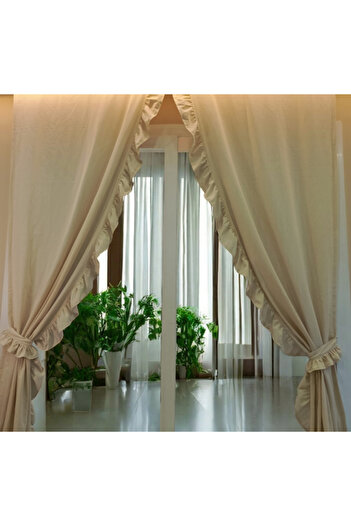 MZN Home Fırfırlı Düz Bej Vintage Keten Perde (EN X BOY) - Tek Kanat - Bağcık Hediyeli