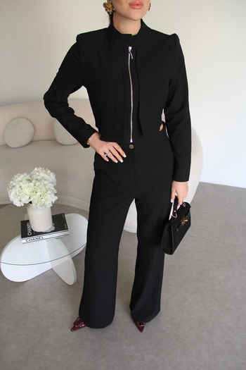 Julidress Black Padded Zippered Crop Jacket and Pants Bottom Top Premium Suit