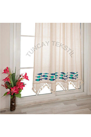 TUNCAY TEKSTİL Buldan Handwork Fish Printed Hand Lace Plain Linen Woven Curtain