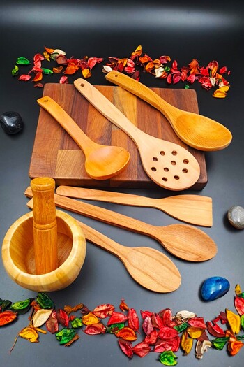 SWENCRAFT Natural Wood Kitchen Serving Spoon Colander Spatula Ladle Canister Set of 8 Handcrafted Dowry Set