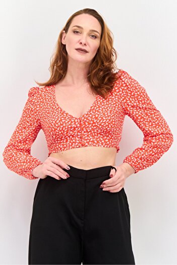 Monki Women V Neck Long Sleeve Floral Print Blouse, Orange