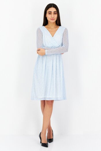 NA-KD Women Surplice Neck Long Sleeve Floral Mesh Dress, Light Blue