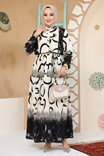 Neva Style Black Patterned Hijab Dress - 10208S