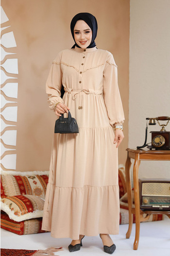 Neva Style Φόρεμα Hijab Πλισέ Μπισκότο - 10334BS