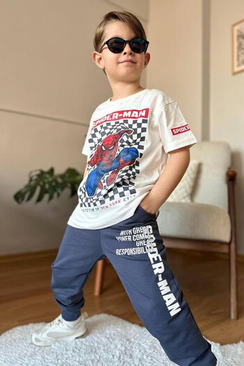 Riccotarz Boy's Square Pattern and Spiderman Detail and Letter Print T-Shirt Smoked Tracksuit Set