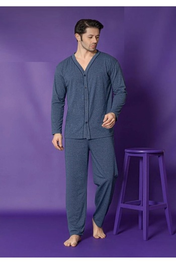 MİRELLA Men's Blue Melange-Navy Blue Combination Long Sleeve Front Button Combed Cotton Knitted Fabric Seasonal Pajamas Set