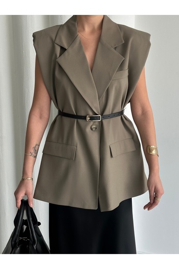 Laluvia Khaki Belted Vest - 7449