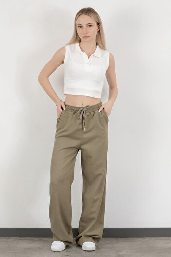GİYSA Women's Elastic Waist Lace-Up Wide Leg Trousers Khaki - 4707