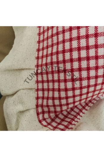 TUNCAY TEKSTİL 100% Natural Linen Red Piti Checkered Ruffled Throw Pillow Cover