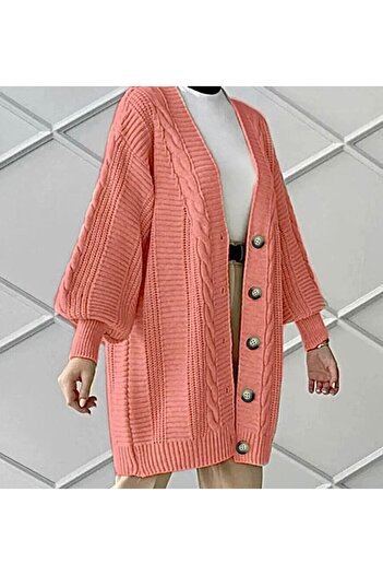 moda mh Knitted Patterneḋ 5 Buttonṡ Balloon Sleeve Detailed Tri̇Ko Cardigan