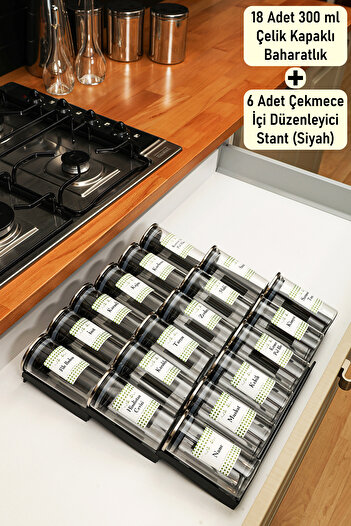 color house 18 Pcs 300ml Borosilicate Jars - Steel Lid, Spice Rack, Plexiglass Stand with 6 Pcs Stops (Black)