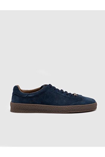 Cabani Rubber Sole Genuine Leather Navy Blue Lace-Up Men's Sports Shoes