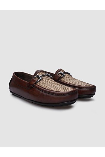 Cabani %100 Hakiki Deri Kahverengi Örgü Detaylı Erkek Loafer