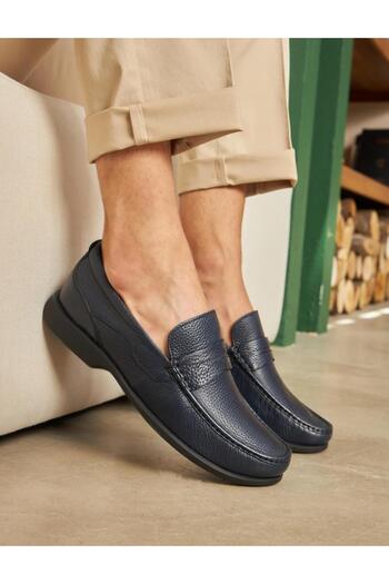 Cabani Genuine Leather Navy Blue Moccasin Men's Casual Shoes