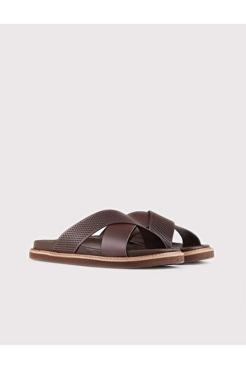 Cabani Men's Genuine Leather Brown Slippers with Cross Straps