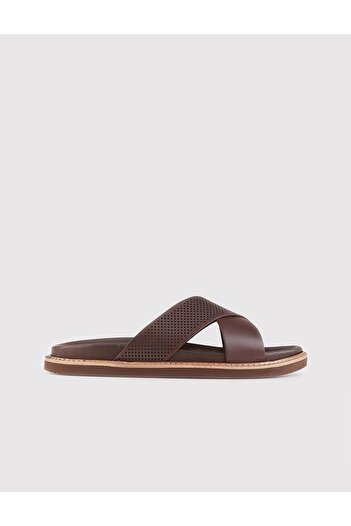 Cabani Men's Genuine Leather Brown Slippers with Cross Straps