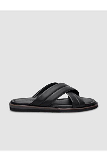 Cabani Black Cross-Strapped 100% Genuine Leather Men's Slippers