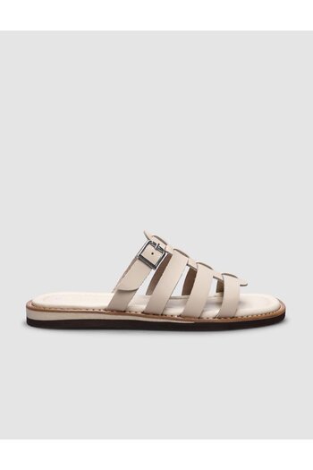 Cabani 100% piele naturală, bej, cu cataramă laterală, papuci plat pentru femei