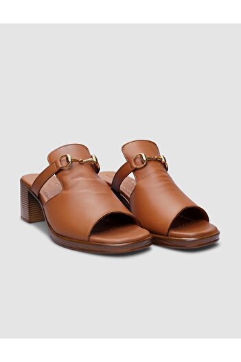 Cabani Tan Women's Thick Heeled 100% Genuine Leather Slippers